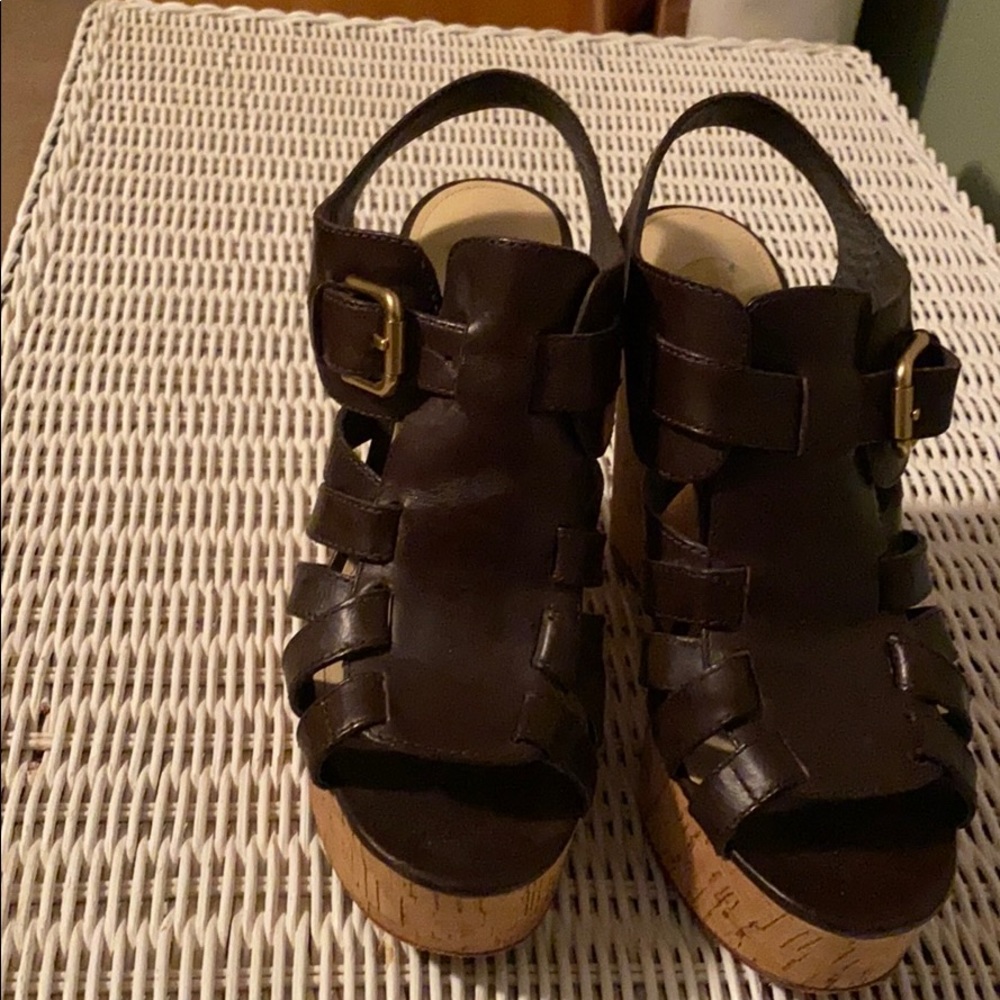 Coach brown leather cork platforms size 8